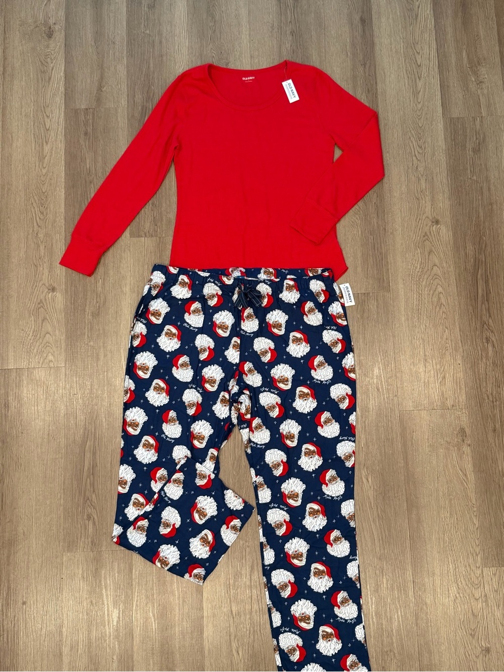 Womens Red Long-Sleeve Top and Navy Santa Print Pajama Set